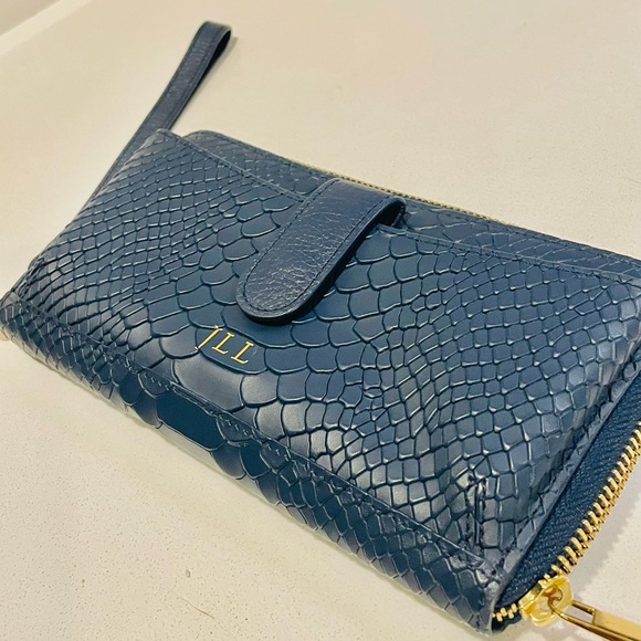 GiGi New York Embossed Python Zip Around Wristlet Wallet in Navy Blue - Picture 2 of 16